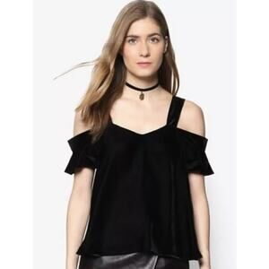 Topshop Shirt Womens 6 Black Crushed Velvet Ruffle Cold Shoulder Goth Whimsy Top